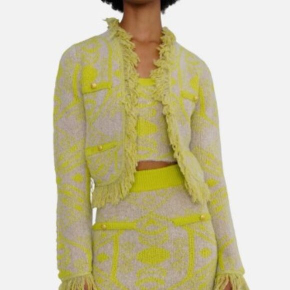 $325 Le Superbe Neon Yellow Coco Clairvoyant Fringe Cropped Cardigan Size Small - Picture 1 of 12
